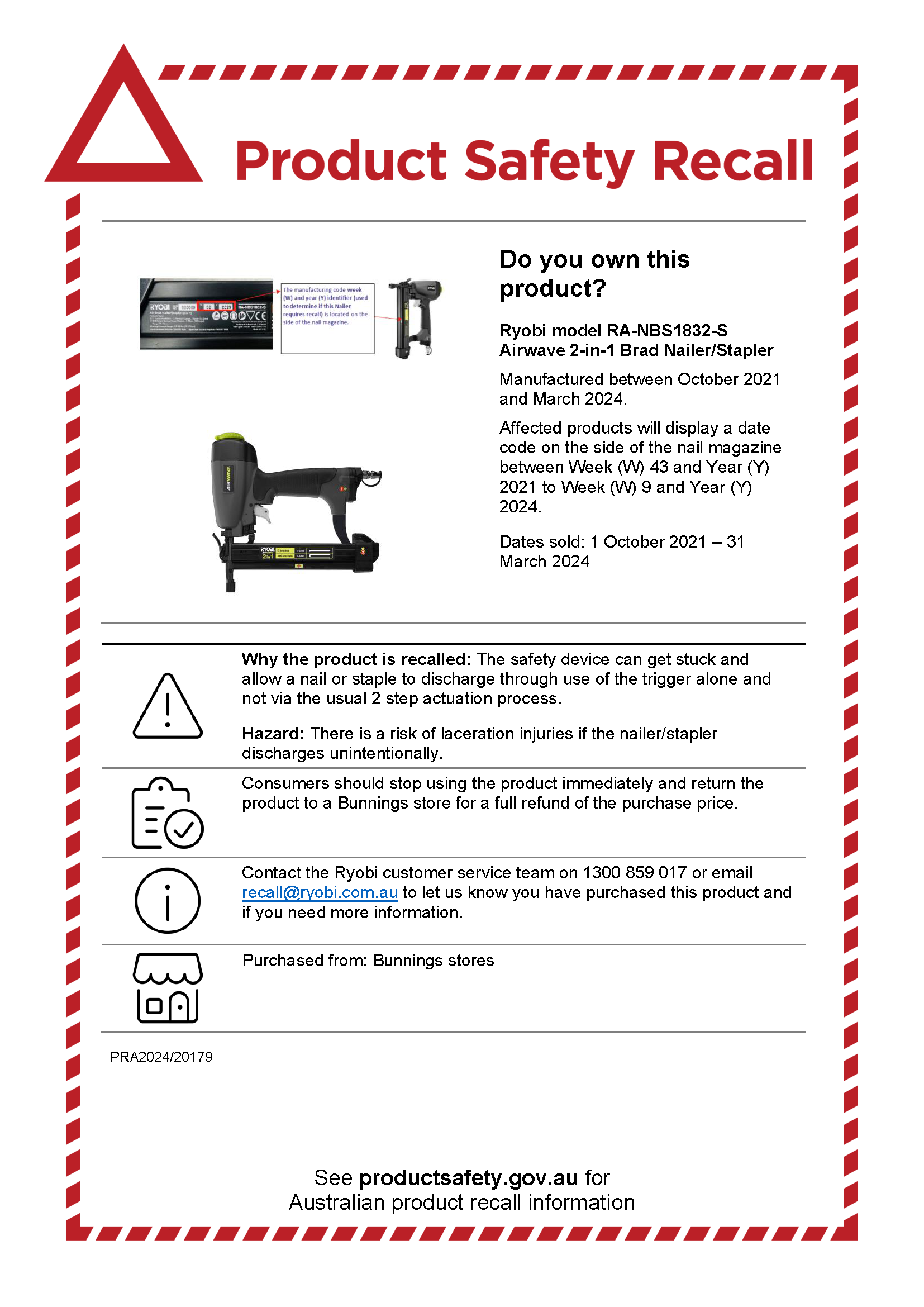 Airwave 2-in-1 C1 Brad Nailer/Stapler RA-NBS1832-S recall