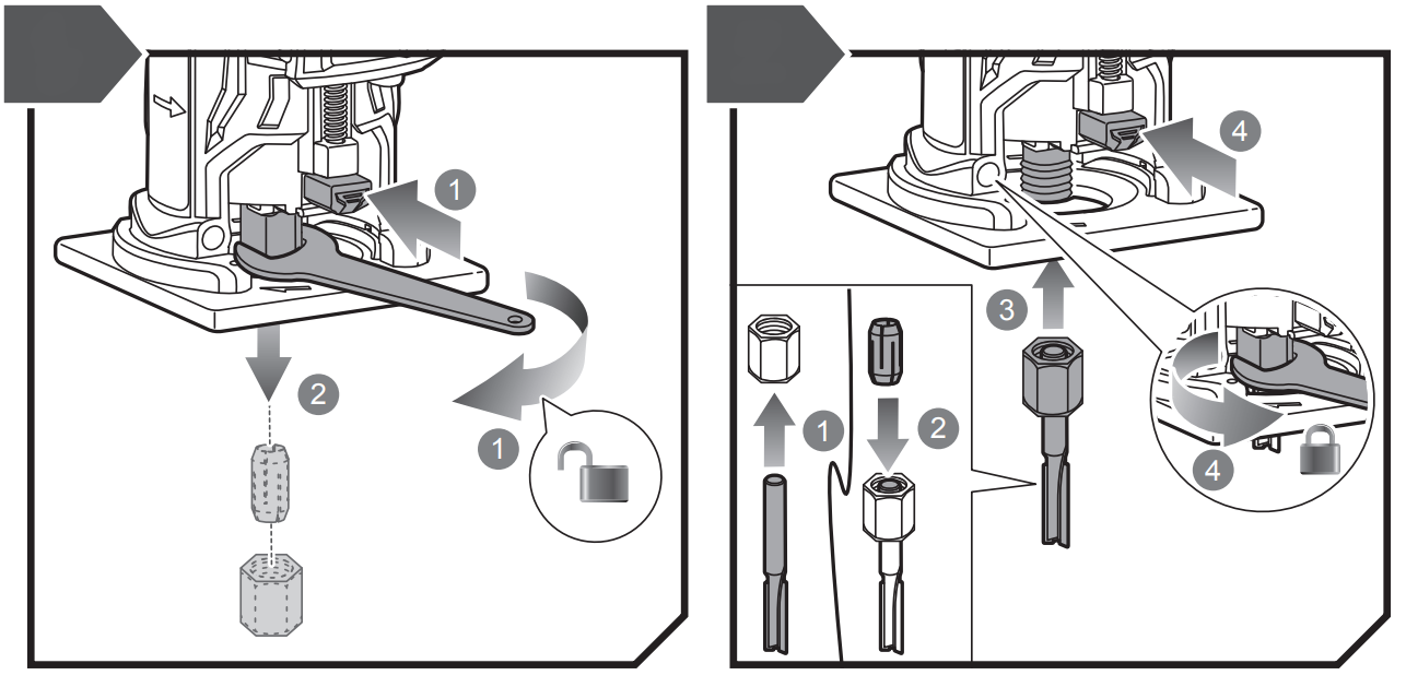 Fig 1 How to fit a Router bit to a RYOBI Trim Router